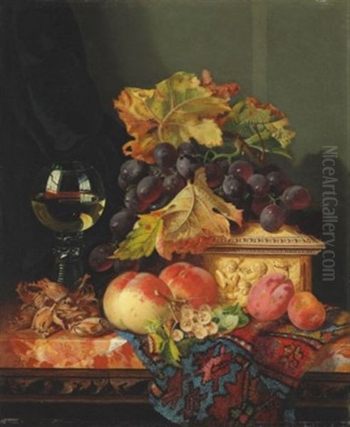 A Roemer With Grapes, Peaches, Plums, White Currants And Cobnuts On A Marble Ledge Oil Painting by Edward Ladell