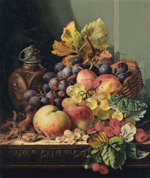 Hazelnuts, Peaches, Grapes, Raspberries, And Plums On A Wooden Ledge Oil Painting by Edward Ladell