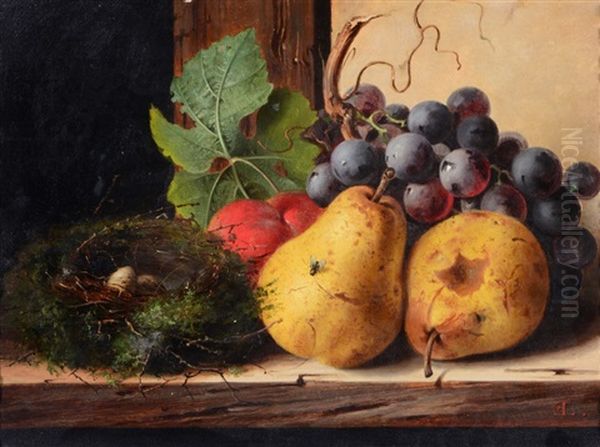 Still Life, Fruit And A Nest Of Eggs Upon A Ledge Oil Painting by Edward Ladell