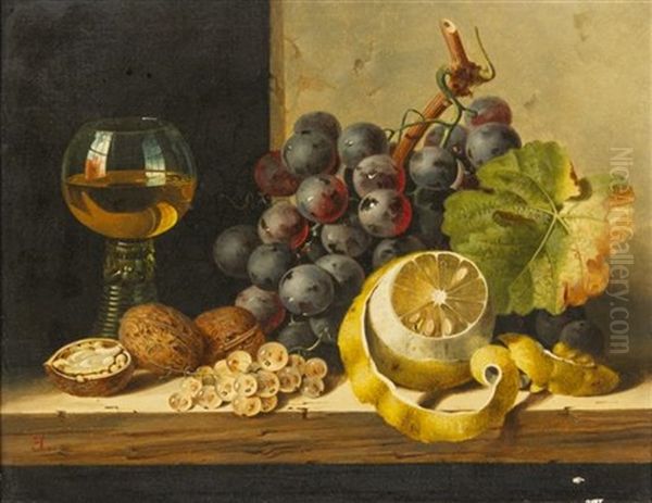 Still Life With Nuts, Grapes, Lemon And Leaves On A Wood Ledge Oil Painting by Edward Ladell