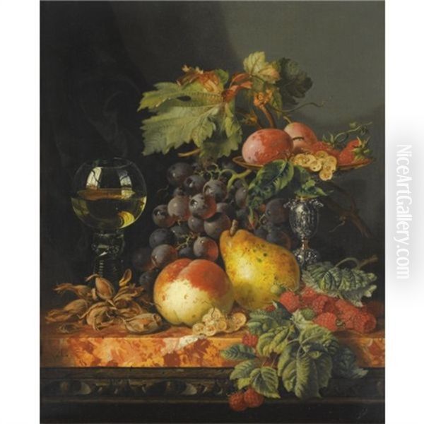 Still Life With Grapes, A Pear, A Peach, Plums, Redcurrants And Raspberries, Hazelnuts, A Wine Glass And A Silver Tazza Oil Painting by Edward Ladell