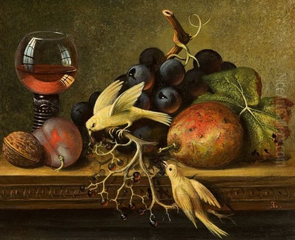 Still Life With Fruit, Rummer And Two Yellow Birds Oil Painting by Edward Ladell