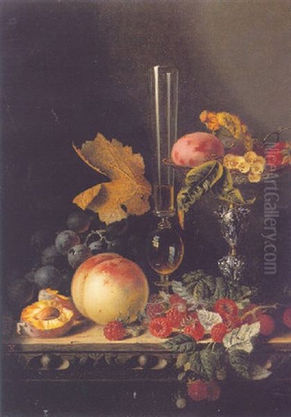 Still Life With Wine Glass, Peaches, Raspberries, Grapes, Strawberries And Plums On A Wooden Ledge Oil Painting by Edward Ladell