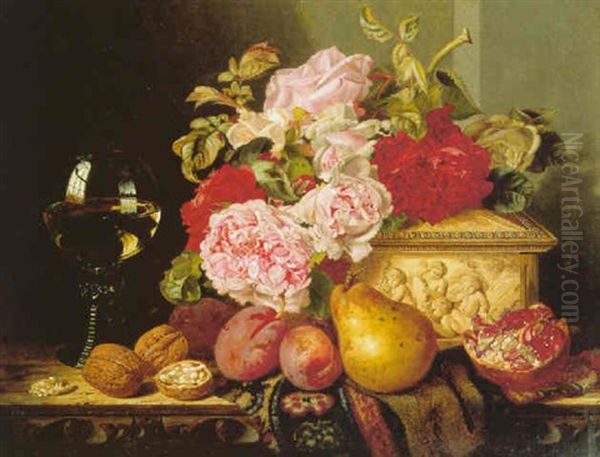 Still Life With Roses, Fruit And A Glass Of Wine On A Ledge Oil Painting by Edward Ladell