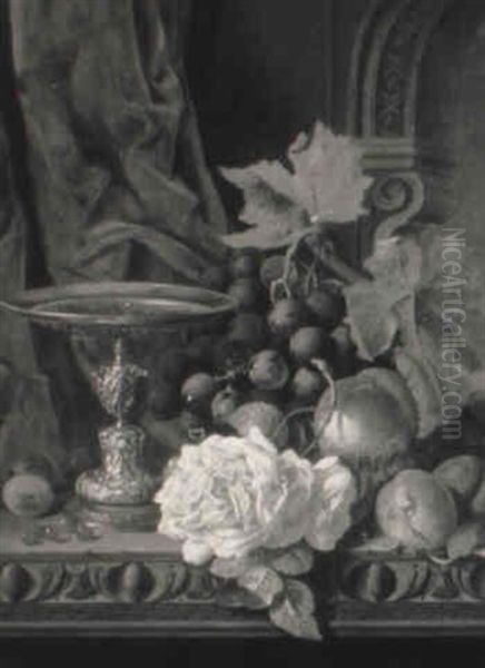Still Life With Grapes And Peach In A Basket With Plums, Berries, Roses ... Oil Painting by Edward Ladell