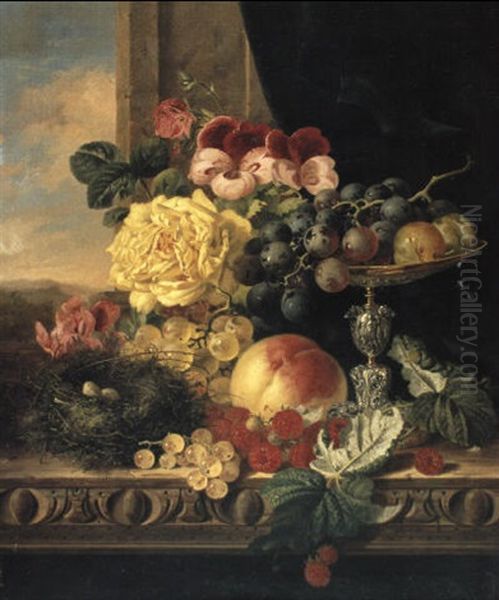 Still Life With Fruit, Flowers, A Bird's Net And A Tazza Oil Painting by Edward Ladell