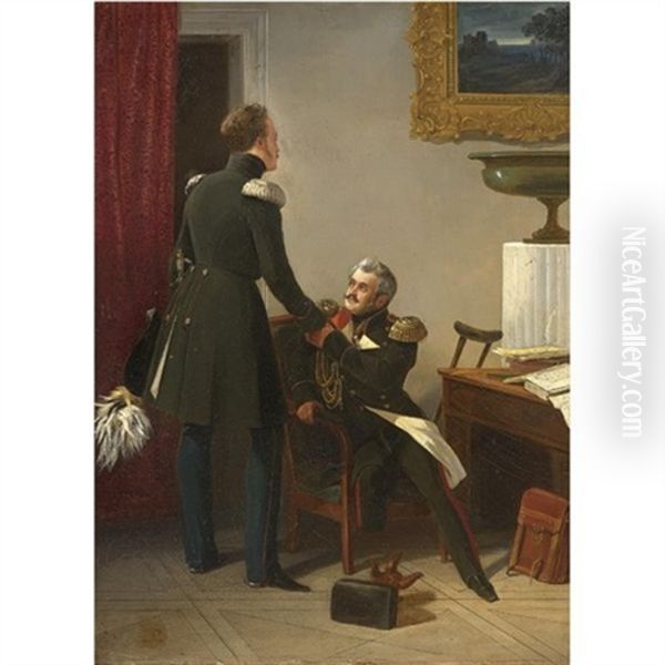Nicolas I Visiting Adjutant General Sukhozanet Oil Painting by Adolphe Ignatievich Ladurner
