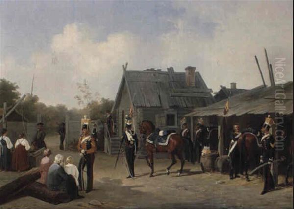 Soldiers Bivouacing In A Village Oil Painting by Adolphe Ignatievich Ladurner