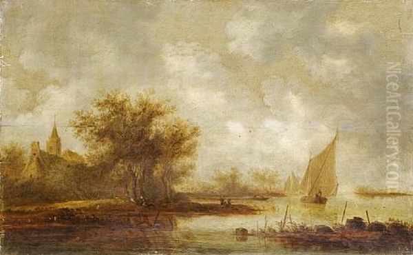 An Extensive Landscape With Boats Approaching Oil Painting by Reynier Van Der Laeck