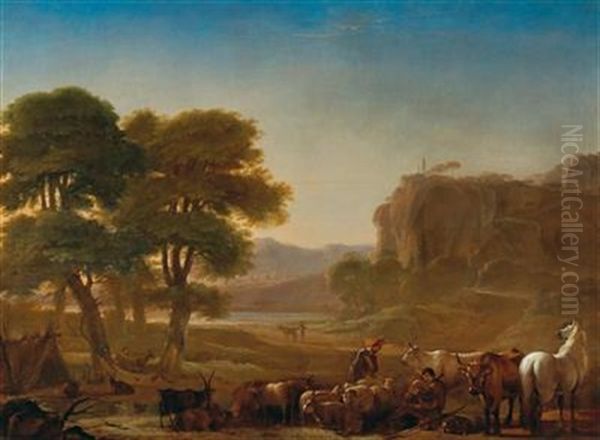 A View Of The Roman Campagna With Shepherds Resting With Their Livestock Oil Painting by Pieter Jacobsz Van Laer