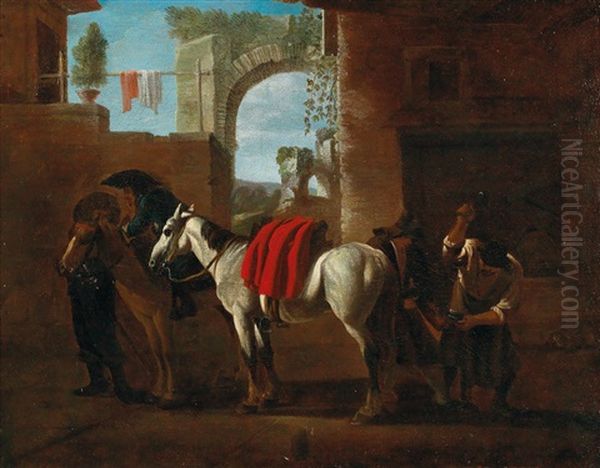 Horses At A Blacksmith Oil Painting by Pieter Jacobsz Van Laer
