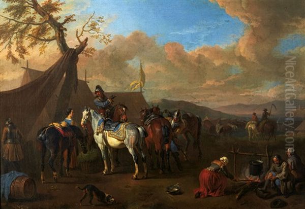 Groupe De Cavaliers Au Bivouac Oil Painting by Pieter Jacobsz Van Laer