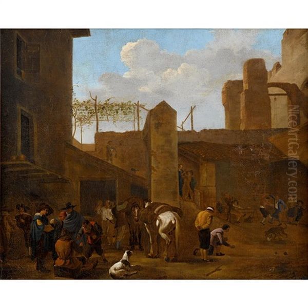 Townscape With Figures At Leisure Oil Painting by Pieter Jacobsz Van Laer