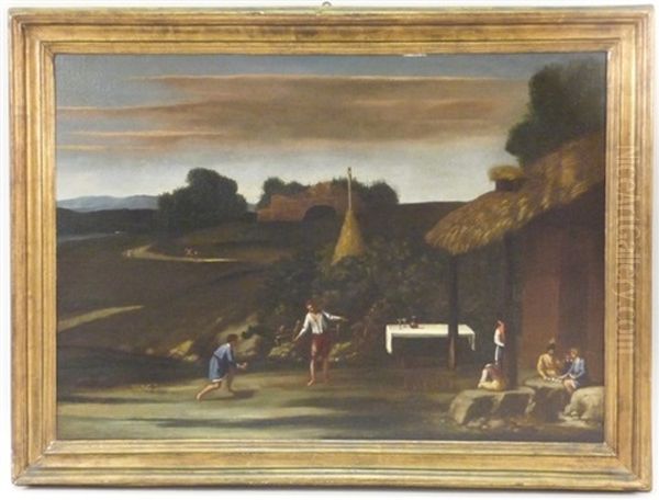 Paesaggio Con Scena Di Genere Raffigurante Un Gruppo Di Persone Intente Nel Gioco Delle Carte E Dei Birilli Oil Painting by Pieter Jacobsz Van Laer