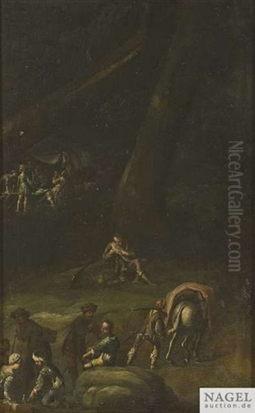 Reges Treiben In Einem Soldatenlager (triptych) Oil Painting by Pieter Jacobsz Van Laer