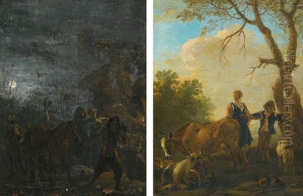 A Night Scene With Brigands (+ A Shepherd And Shepherdess With Their Flock; Pair) Oil Painting by Pieter Jacobsz Van Laer