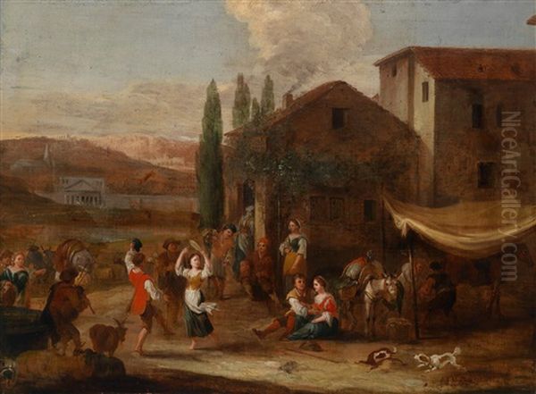 Landliche Szene Mit Feiernden Und Tanzenden Bauern Vor Einem Wirtshaus Oil Painting by Pieter Jacobsz Van Laer