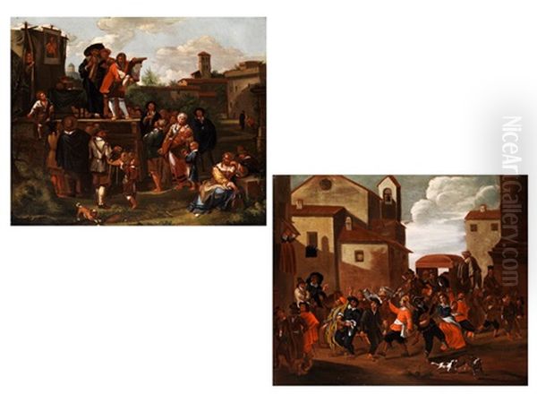 Karnevalstreiben Zwischen Italienischen Hausern Und Einer Kirche (+ Another; Pair) Oil Painting by Pieter Jacobsz Van Laer