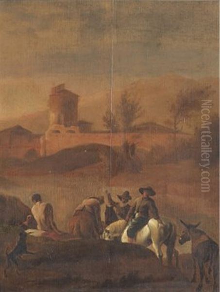 Rastplats Landskapsscen Med Manniskor Och Djur Vid Flod Oil Painting by Pieter Jacobsz Van Laer