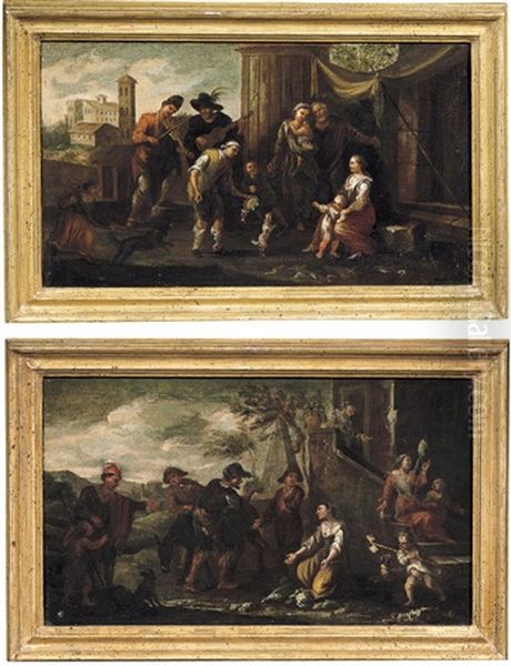Paesaggio Con Musicanti (+ Paesaggio Con Filatrice, Contadini E Somaro; 2 Works) Oil Painting by Pieter Jacobsz Van Laer