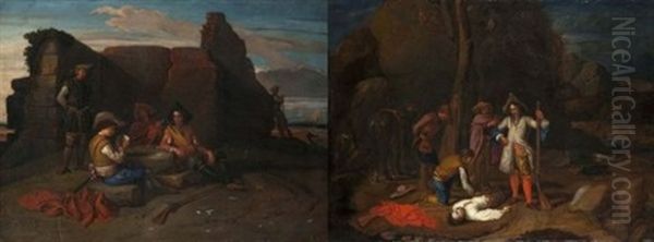 Brigands Jouant Aux Cartes (+ L'embuscade; Pair) Oil Painting by Pieter Jacobsz Van Laer