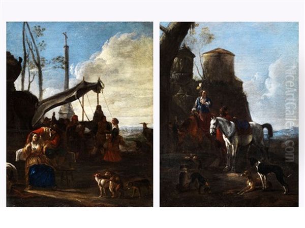 Festgesellschaft Mit Musikanten (+ Hofische Dame Auf Einem Pferd, Daneben Ein Von Einem Schimmel Abgestiegener Reiter; Pair) Oil Painting by Pieter Jacobsz Van Laer