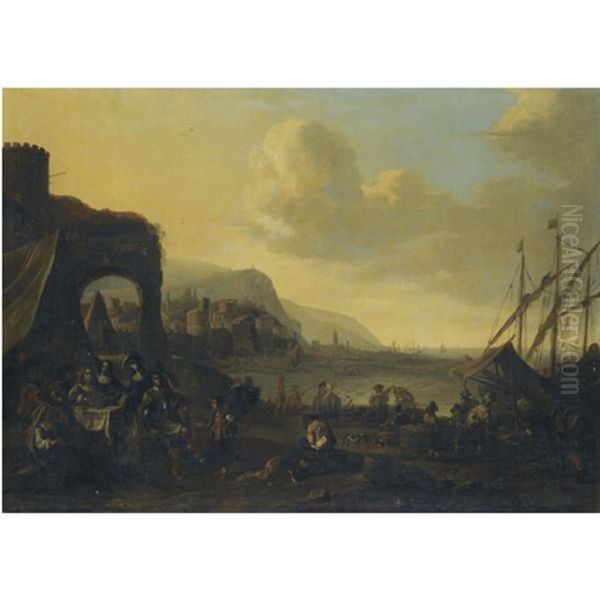 A Harbour Scene With Figures Unloading Cargo Oil Painting by Pieter Jacobsz Van Laer