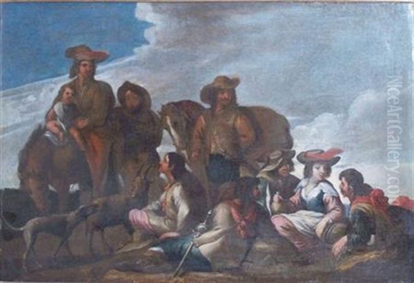 A Roadside Gathering Oil Painting by Pieter Jacobsz Van Laer