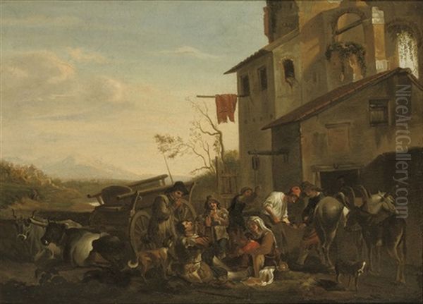 Peasants Eating Outside A Town In An Italianate Landscape Oil Painting by Pieter Jacobsz Van Laer