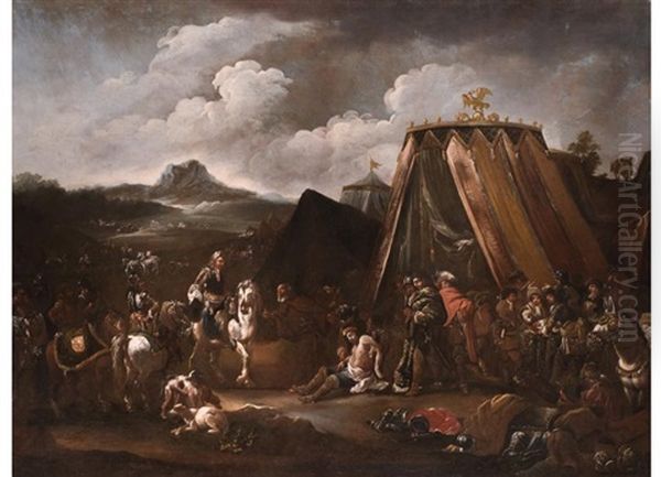 Verwundeter Heerfuhrer Vor Einem Feldherrenzelt, Umgeben Von Feldherren, Reitendem Fursten Und Soldaten Oil Painting by Pieter Jacobsz Van Laer