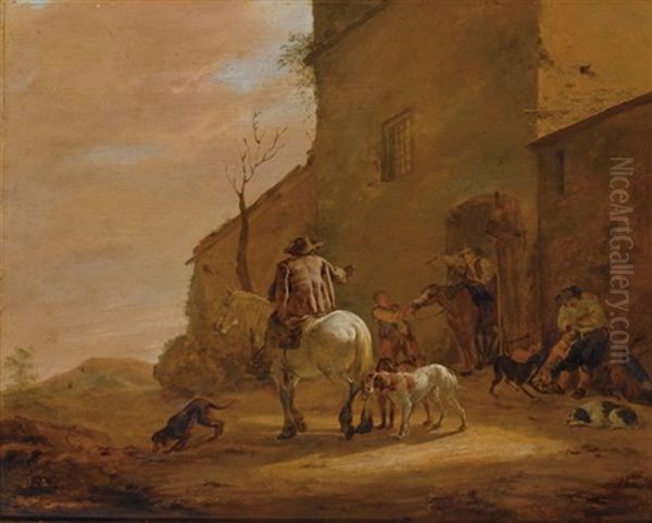 A Landscape With Horsemen Leaving An Inn, Together With Their Dogs, A Man Feeding Other Dogs To The Right Oil Painting by Pieter Jacobsz Van Laer