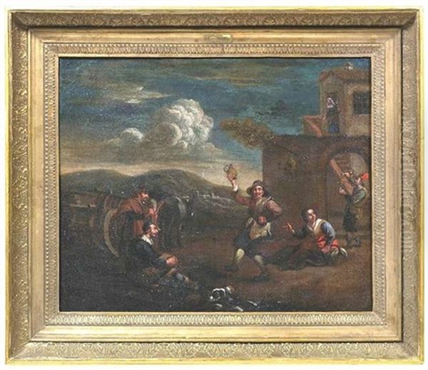 Frohliche Landleute Vor Einer Trattoria In Campagnalandschaft Oil Painting by Pieter Jacobsz Van Laer