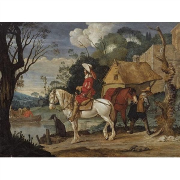 River Landscape With Cavaliers Waiting For A Ferry Oil Painting by Pieter Jacobsz Van Laer