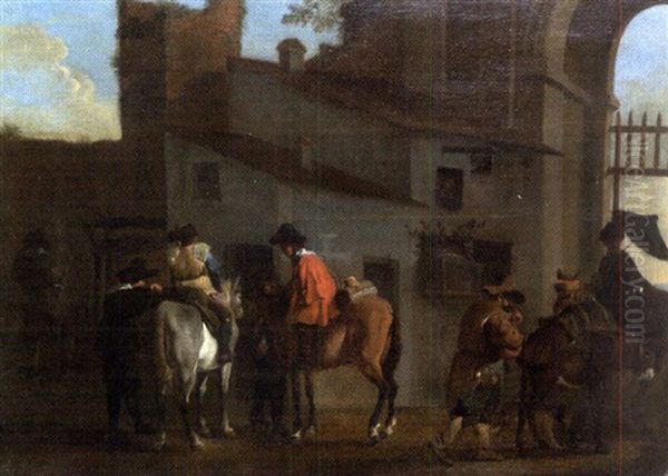 Cavaliers Dans Une Cour D'auberge Oil Painting by Pieter Jacobsz Van Laer