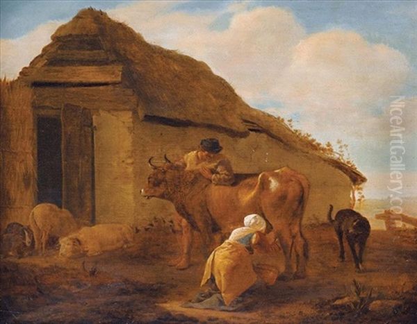 A Landscape With A Milkmaid, A Cow And Livestock Oil Painting by Pieter Jacobsz Van Laer