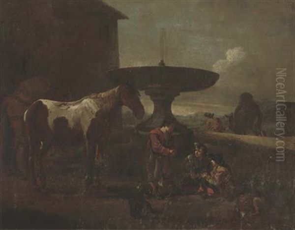 An Italianate Landscape With An Ostler And Horses Conversing With Travellers Resting By A Fountain Oil Painting by Pieter Jacobsz Van Laer