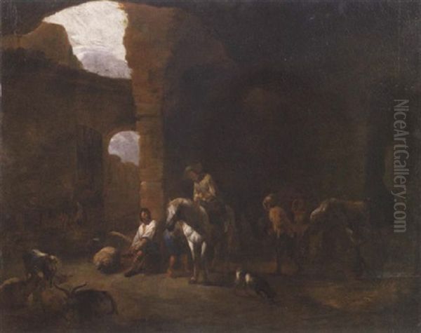 A Riding Party In A Barn Preparing To Depart Oil Painting by Pieter Jacobsz Van Laer