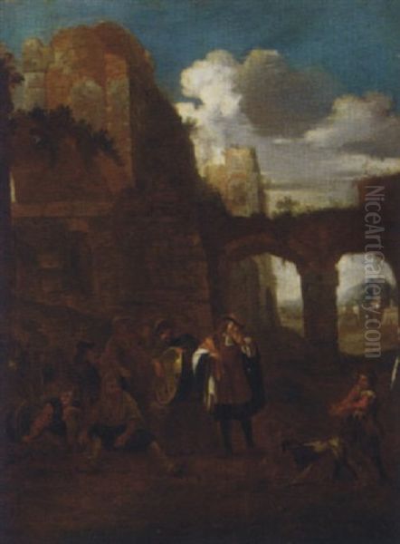 Peasants And A Dog Amongst Classical Ruins Oil Painting by Pieter Jacobsz Van Laer