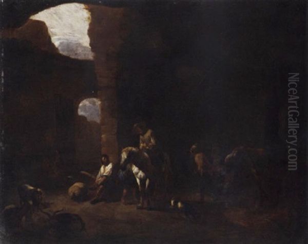 Travellers Taking Shelter In Roman Ruins Oil Painting by Pieter Jacobsz Van Laer