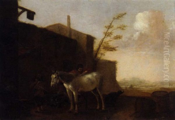An Italianate Landscape With A Horse, A Boy And An Ostler By An Inn Oil Painting by Pieter Jacobsz Van Laer