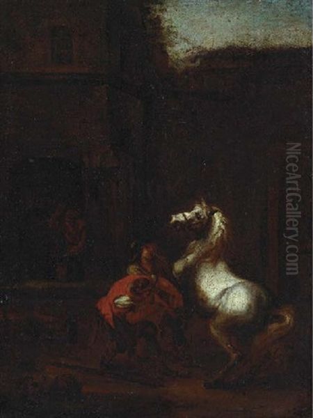 A Blacksmith And A Peasant With A White Horse Oil Painting by Pieter Jacobsz Van Laer