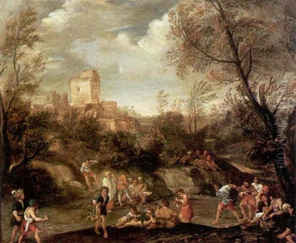 Figures Merrymaking With A Village And An Extensive Landscape Beyond Oil Painting by Pieter Jacobsz Van Laer