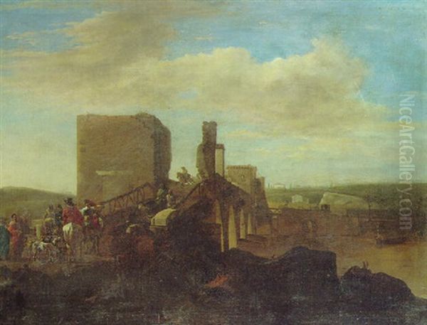 The Ponte Milvio, Rome With Drovers And Cattle Oil Painting by Pieter Jacobsz Van Laer
