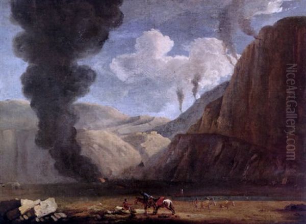 A View Of La Solfatara At Pozzuoli, With Travellers And Their Mules In The Foreground Oil Painting by Pieter Jacobsz Van Laer