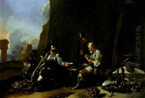 Soldiers Playing Cards Oil Painting by Pieter Jacobsz Van Laer