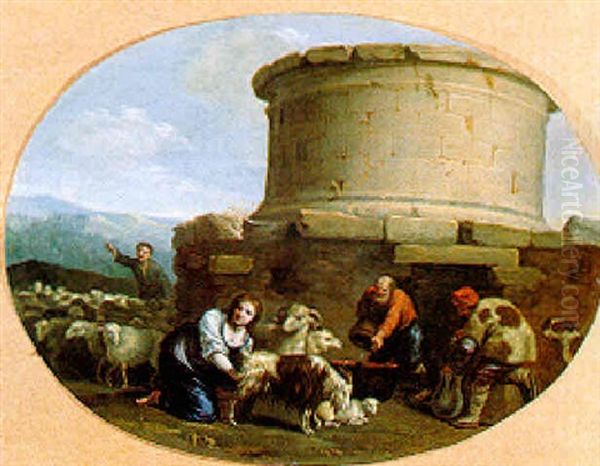 Una Pastora E Tre Pastori Governano Armenti Presso Un Cenotafio Romano Oil Painting by Pieter Jacobsz Van Laer