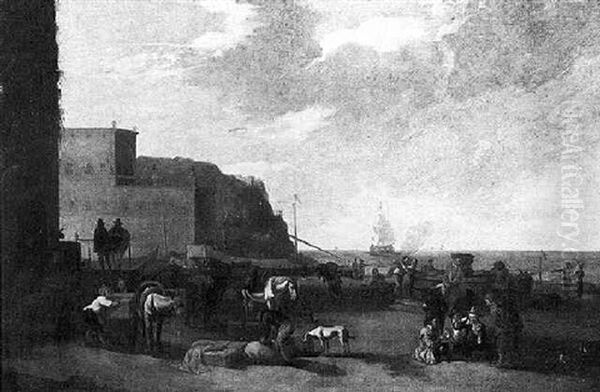 An Italianate Harbour With A Merchant Inspecting Cargo, A Muleteer And Boys Playing Cards By A Fountain Nearby Oil Painting by Pieter Jacobsz Van Laer