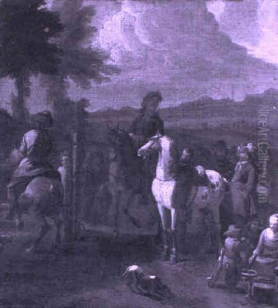 Heralds In An Italianate Landscape With A Woman Baking Pancakes Oil Painting by Pieter Jacobsz Van Laer