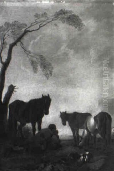 Peasant Resting With Horses Oil Painting by Pieter Jacobsz Van Laer