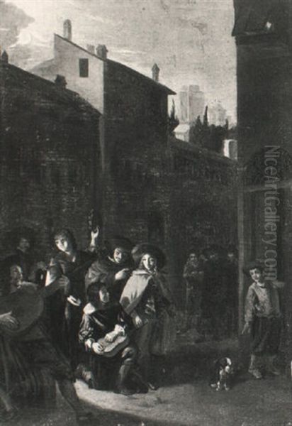 A Minstrel Playing In A Dark Street Oil Painting by Pieter Jacobsz Van Laer